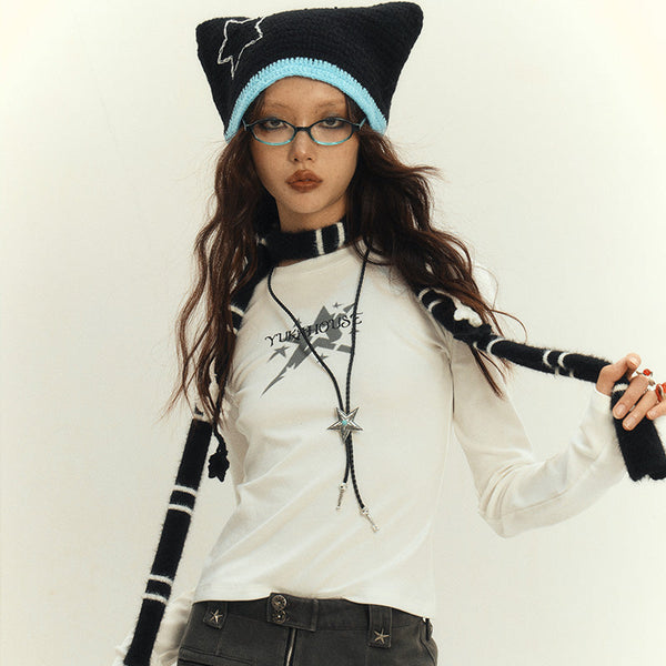 Star Print Slim Crew Neck Top