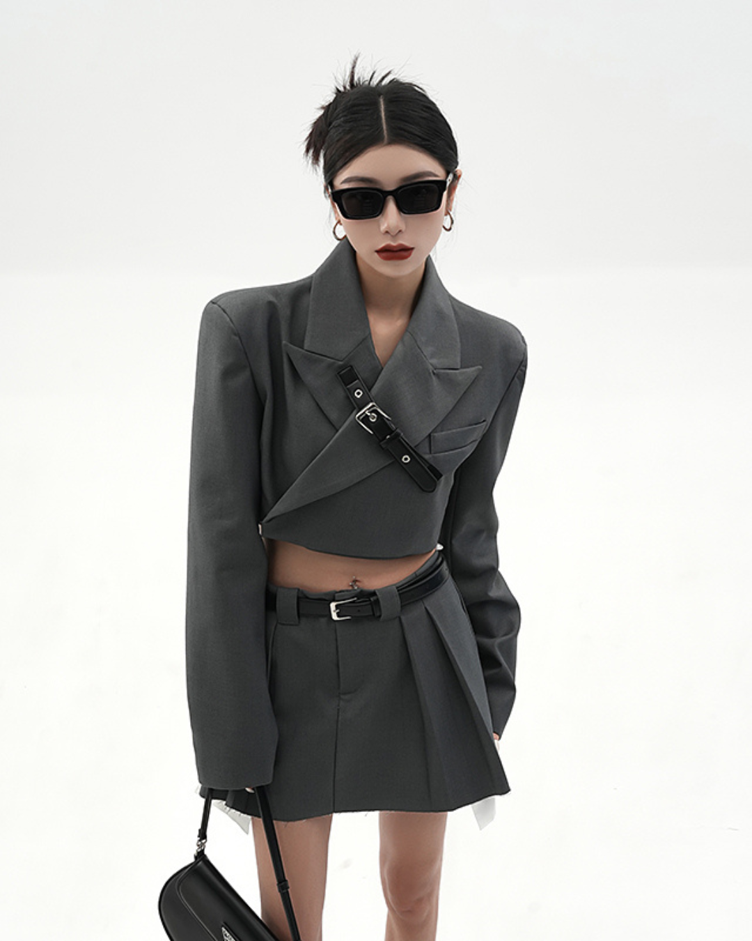 Cropped Belt Jacket & Pleated Skirt