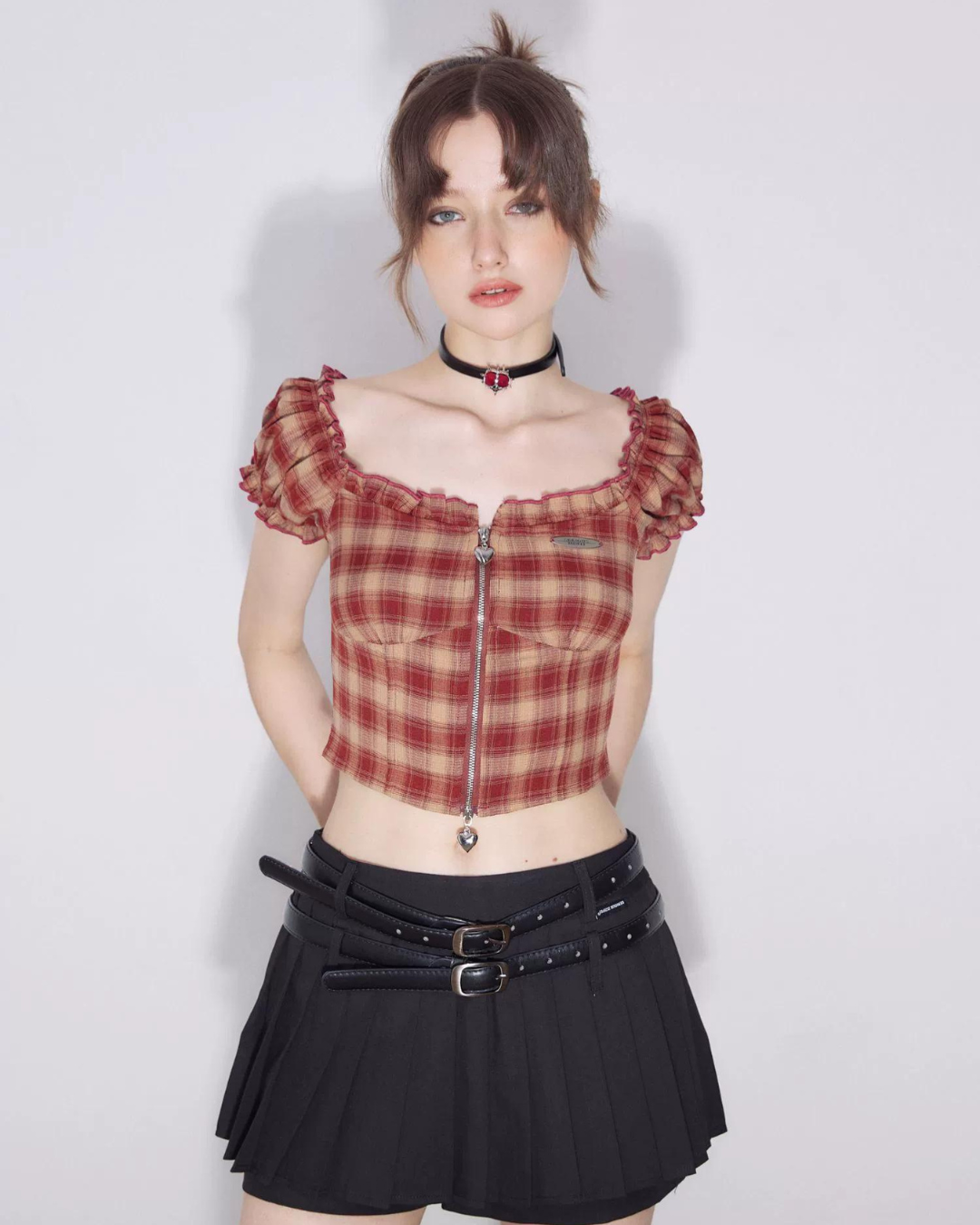 Retro Plaid Off-Shoulder Tops