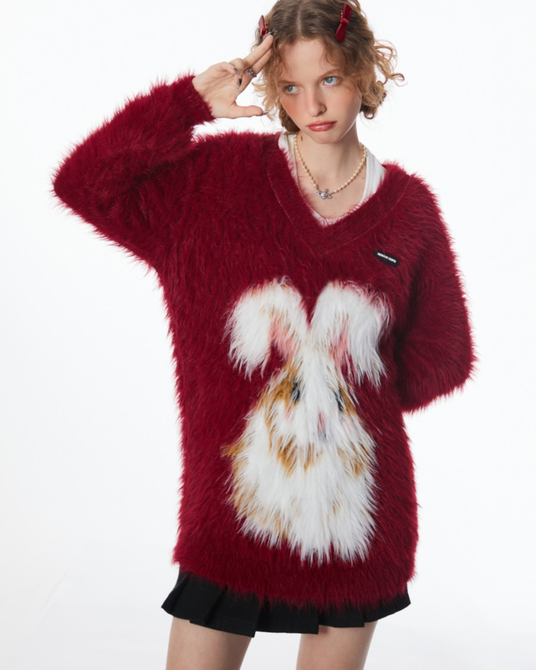 Red Advanced Rabbit V-neck Sweater