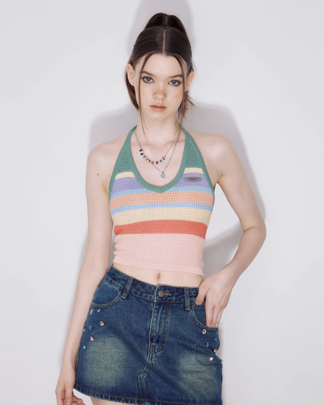 Colorful Border Halter Neck