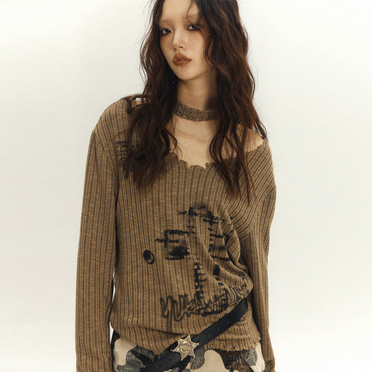 Punk Style Loose V-Neck Ribbed Knit Top