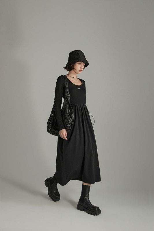 Black Long Sleeve Drawstring Splicing Dress