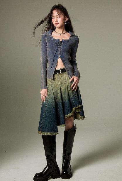 Gradient Color Asymmetry Denim Skirt