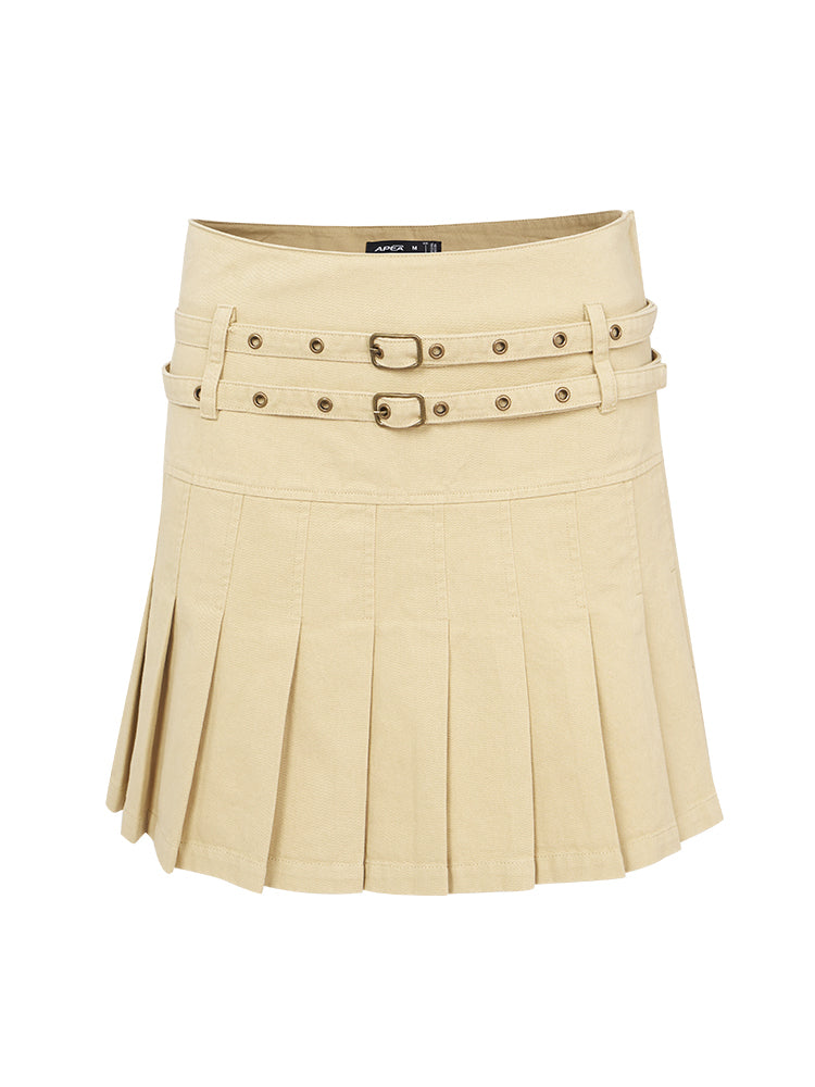 Double Belt Pleated Miniskirt