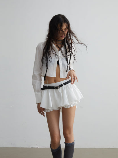 Belt Decoration White Versatile Anti-exposure Ruffled Mini Skirt