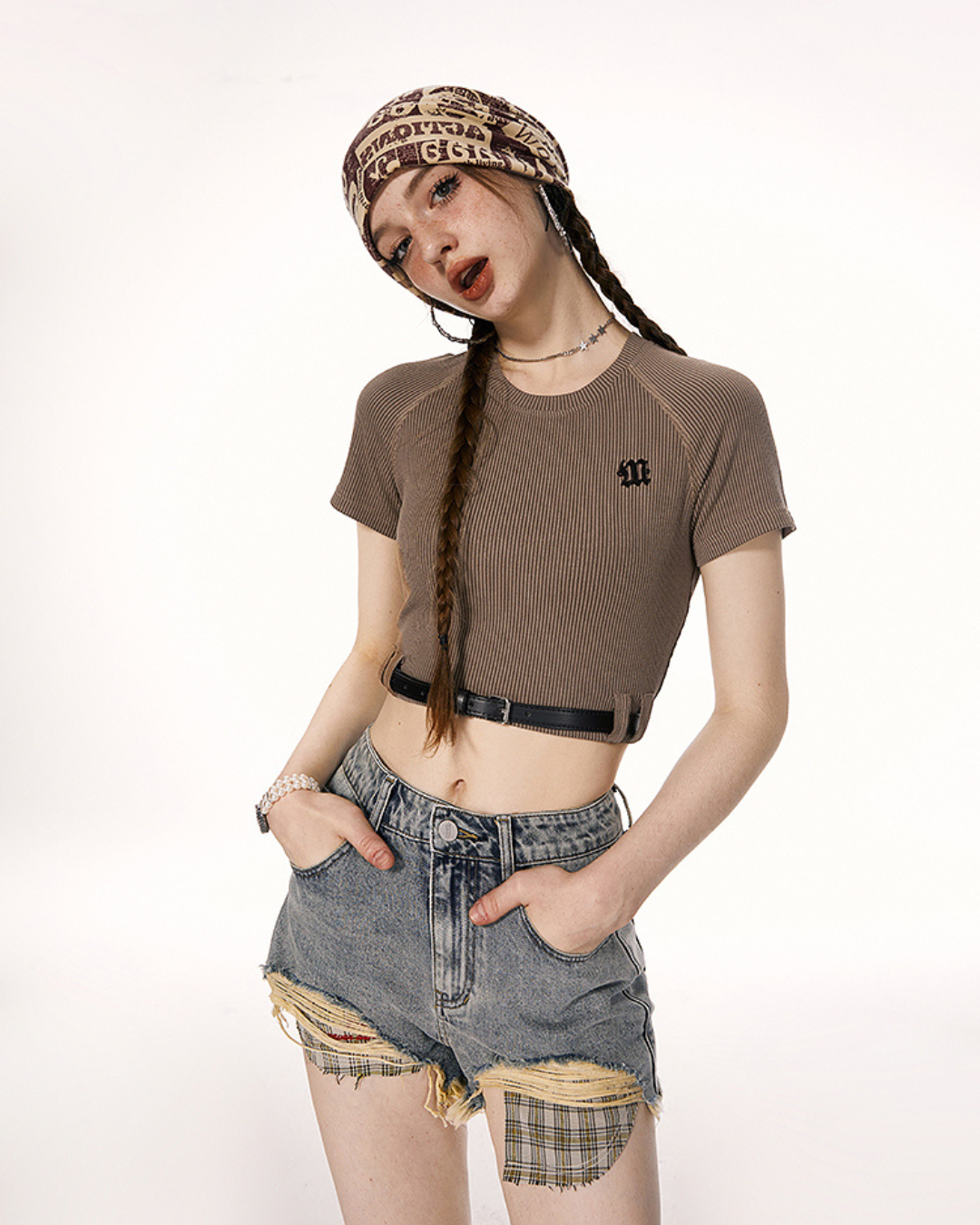 Belt Design Knit Short Sleeve T-Shirt