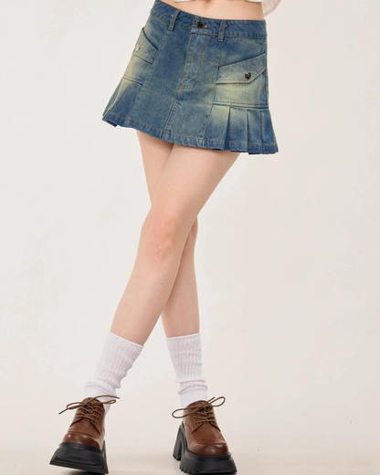 Pleated Denim Mini Skirt