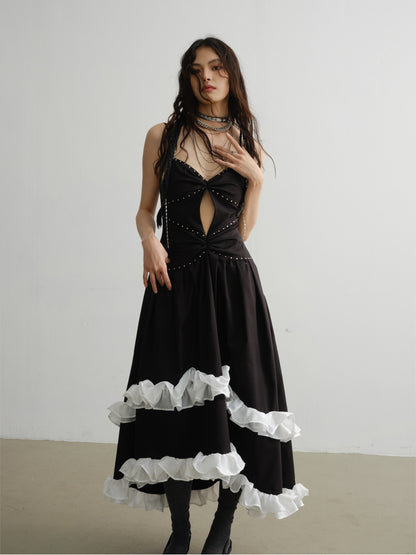 Punk Style Rivets Decorated Contrasting Lace Irregular Dress