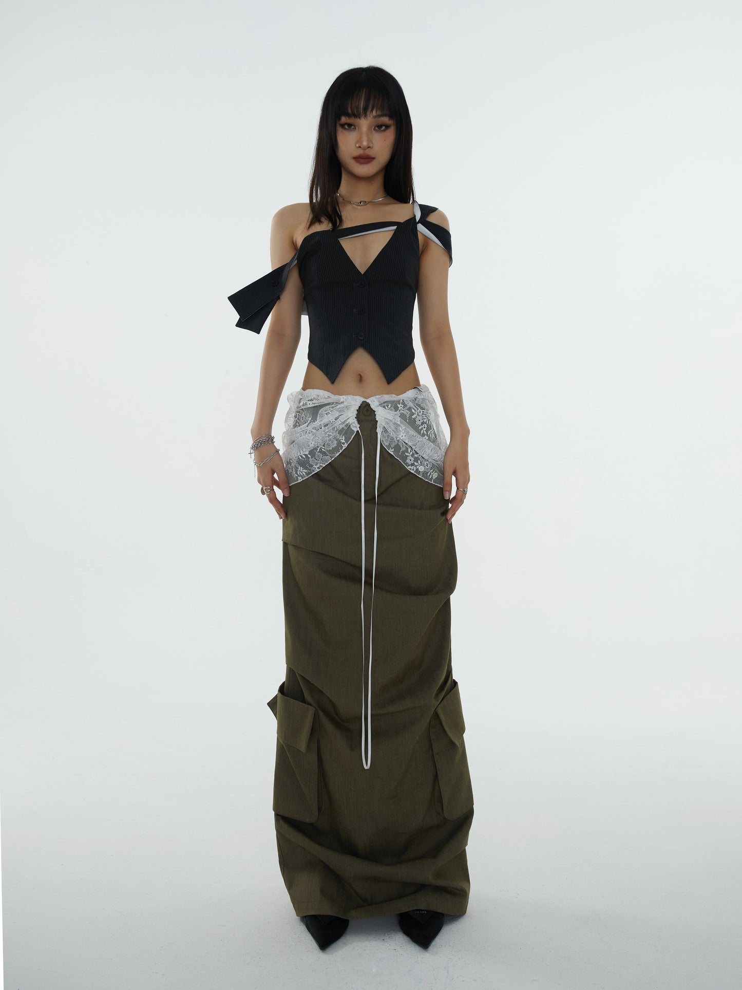 Waist Lace Straps Draped Silhouette Skirt