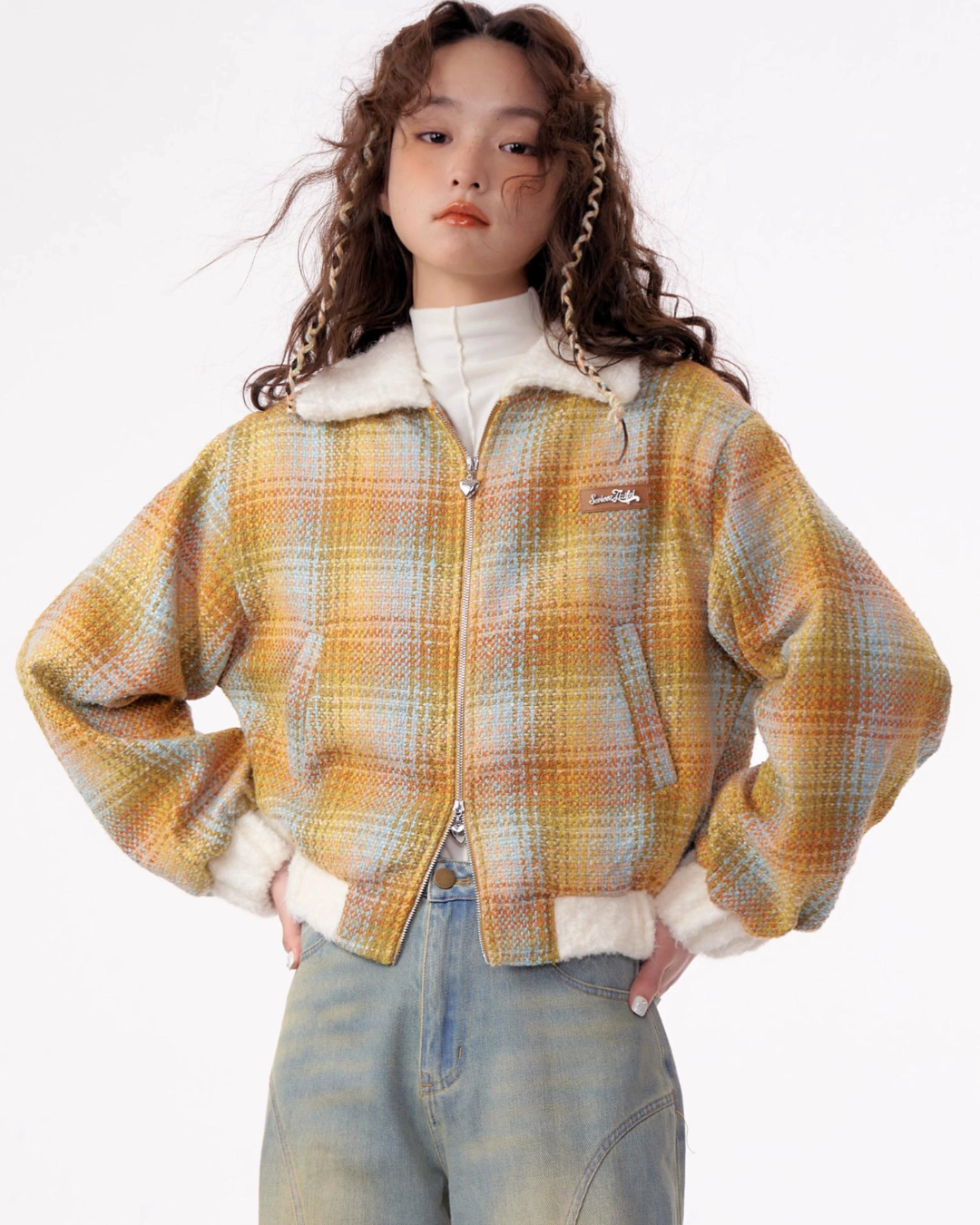 Plaid Velvet Short Fur Jacket