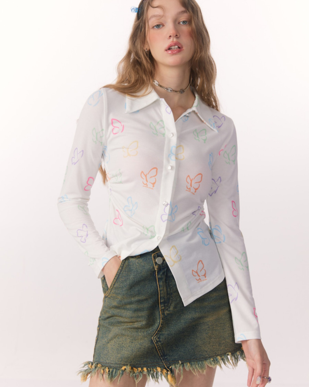 Butterfly Long Sleeve White Shirt