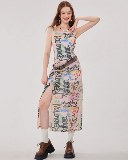 Doodle Design Long Strap Dress