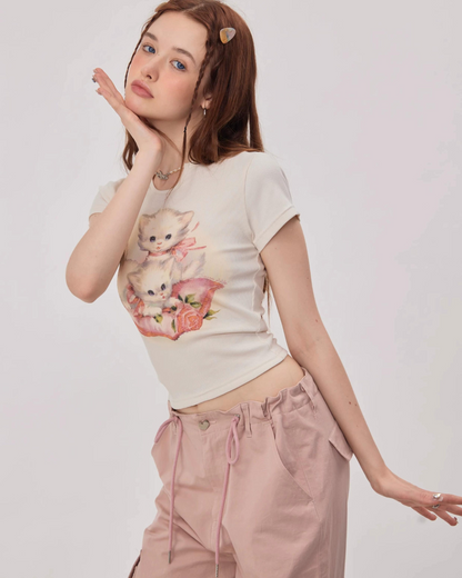 Lovely Cat U Neck Short Sleeve T-Shirt