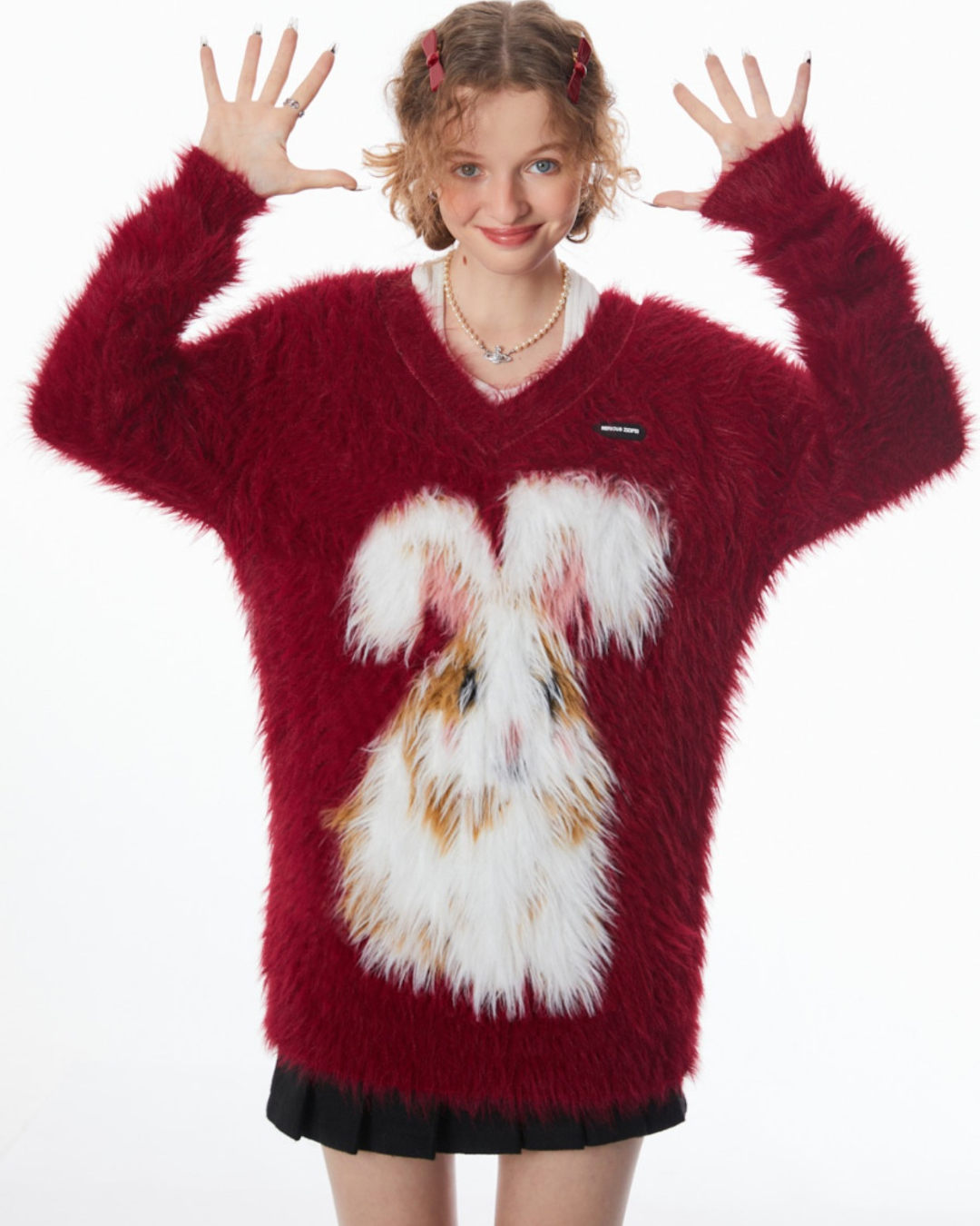 Red Advanced Rabbit V-neck Sweater