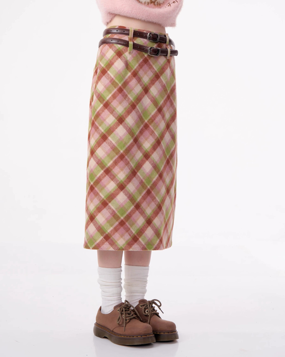 High Waist Plaid Wool Skirt