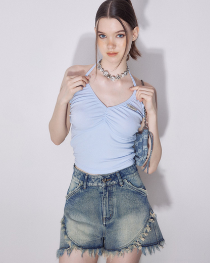 Drawstring Front Crop Cami Tops