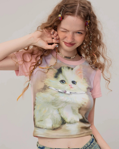 Retro Pink Cat Short Sleeve T-Shirt