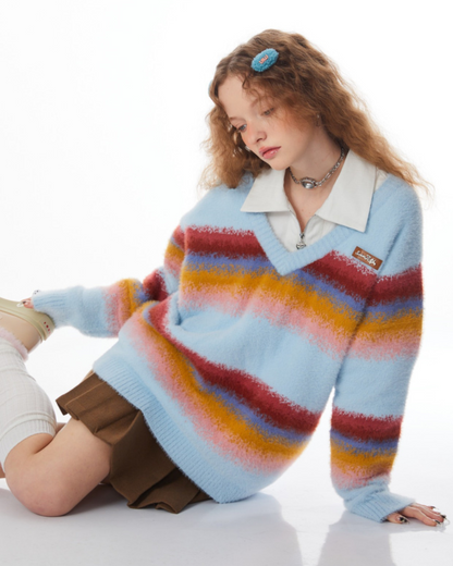 Stitching Rainbow stripes V-neck Sweater