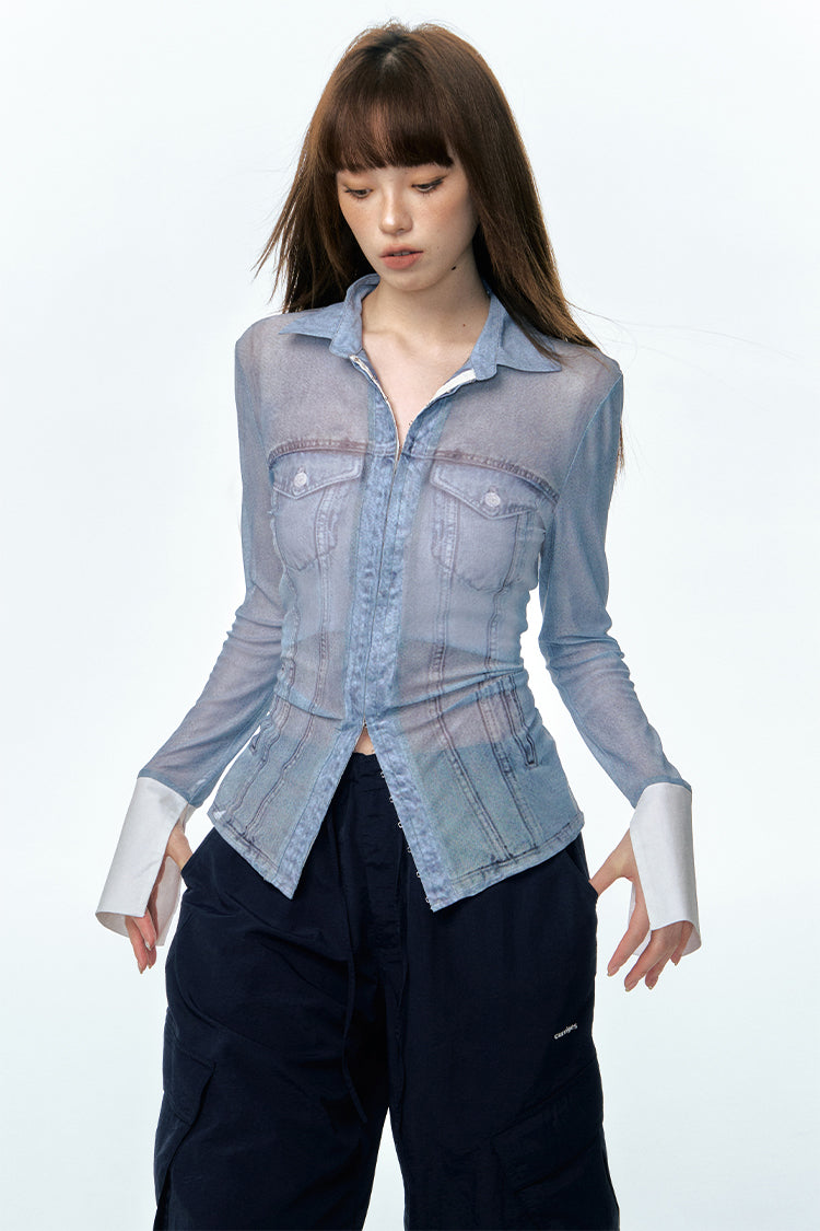 Imitation denim sheer shirt