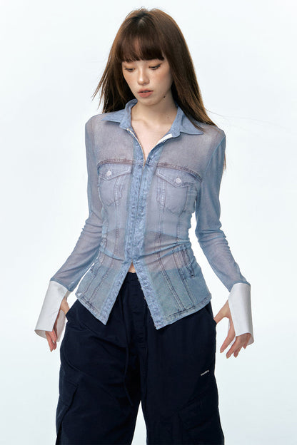 Imitation denim sheer shirt