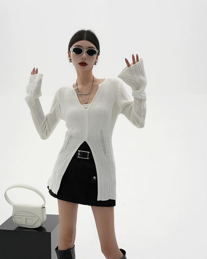 V-Neck Slim Front Twin Long Sleeve Knit
