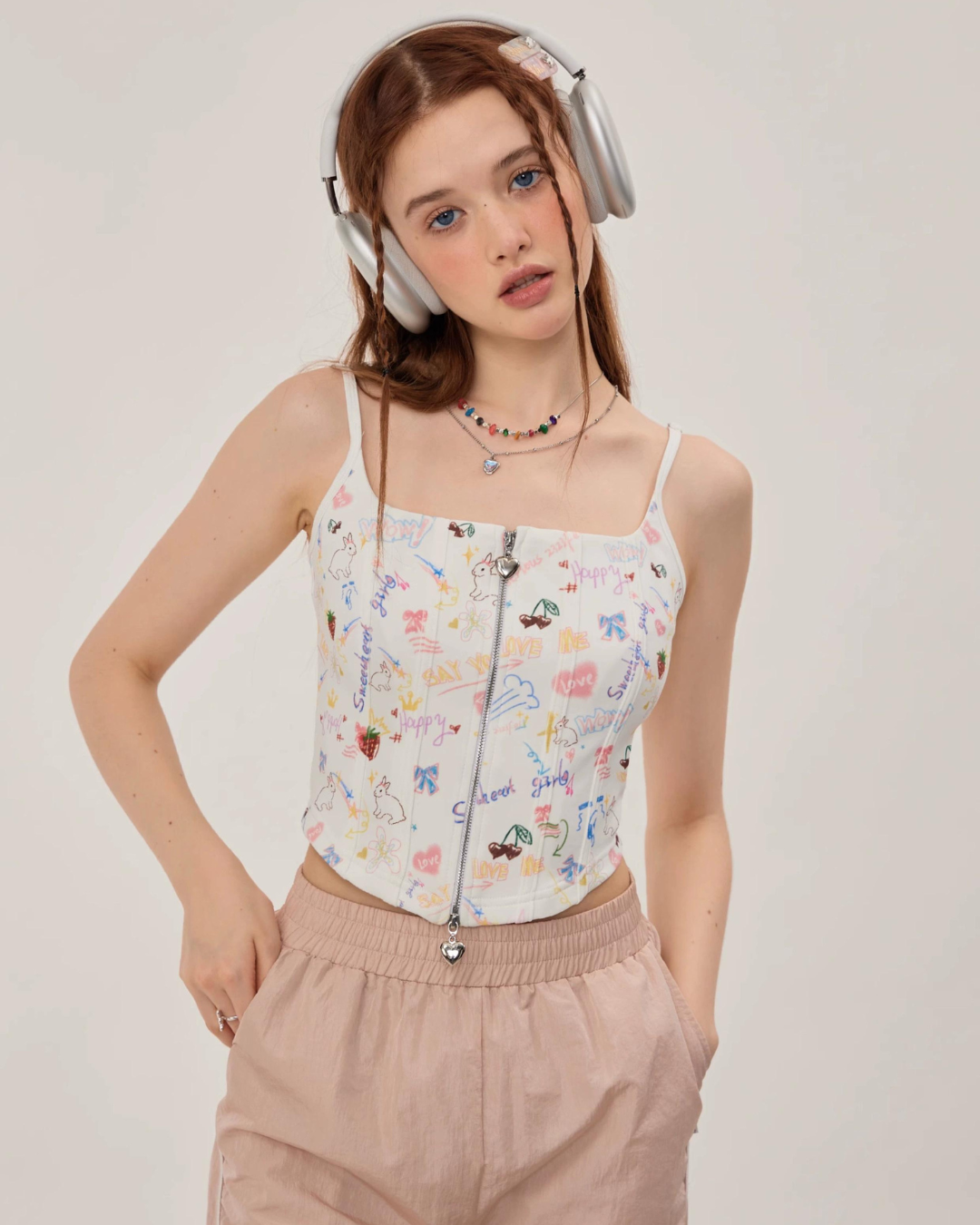 Graffiti Printed Zip Rib Camisole