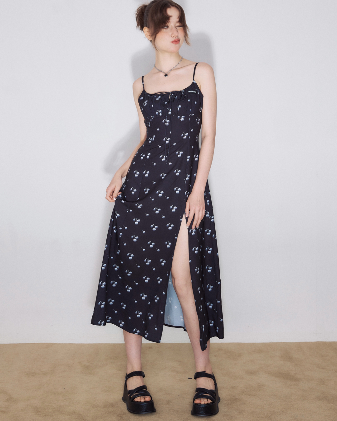 Slender Long Slit Black Sling Dress