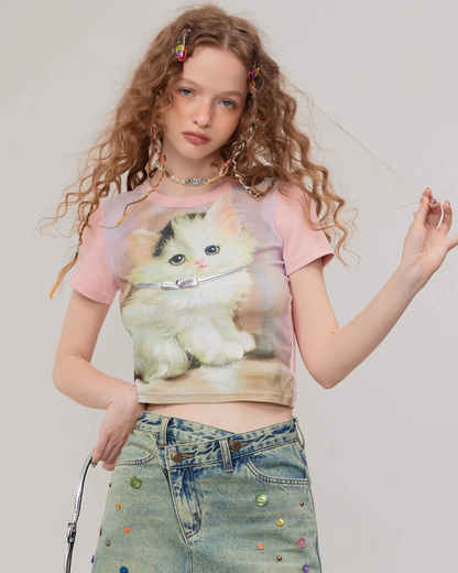 Retro Pink Cat Short Sleeve T-Shirt