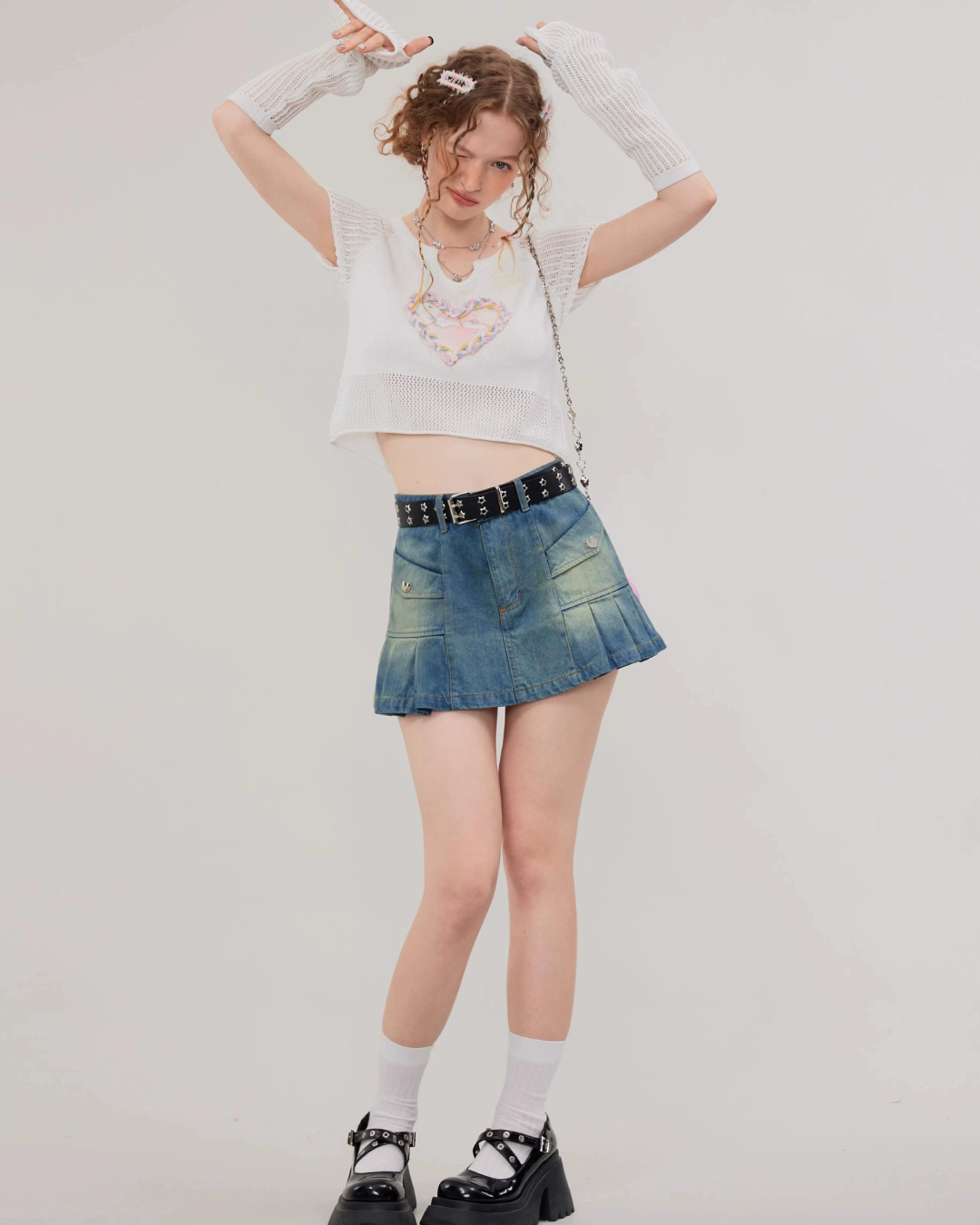 Pleated Denim Mini Skirt