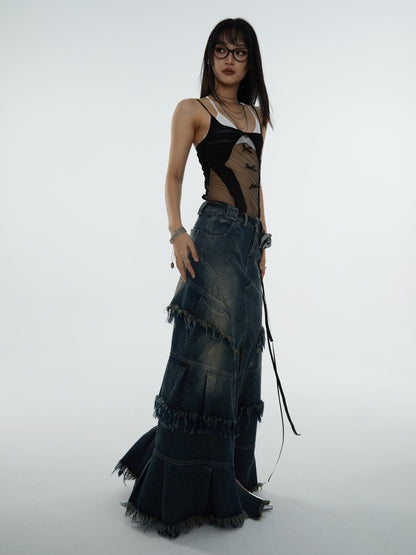 Tassel Design A-Line Denim Maxi Skirt