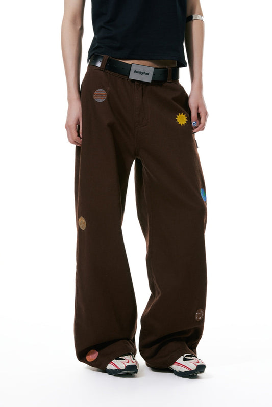 Space embroidery design unisex wide pants