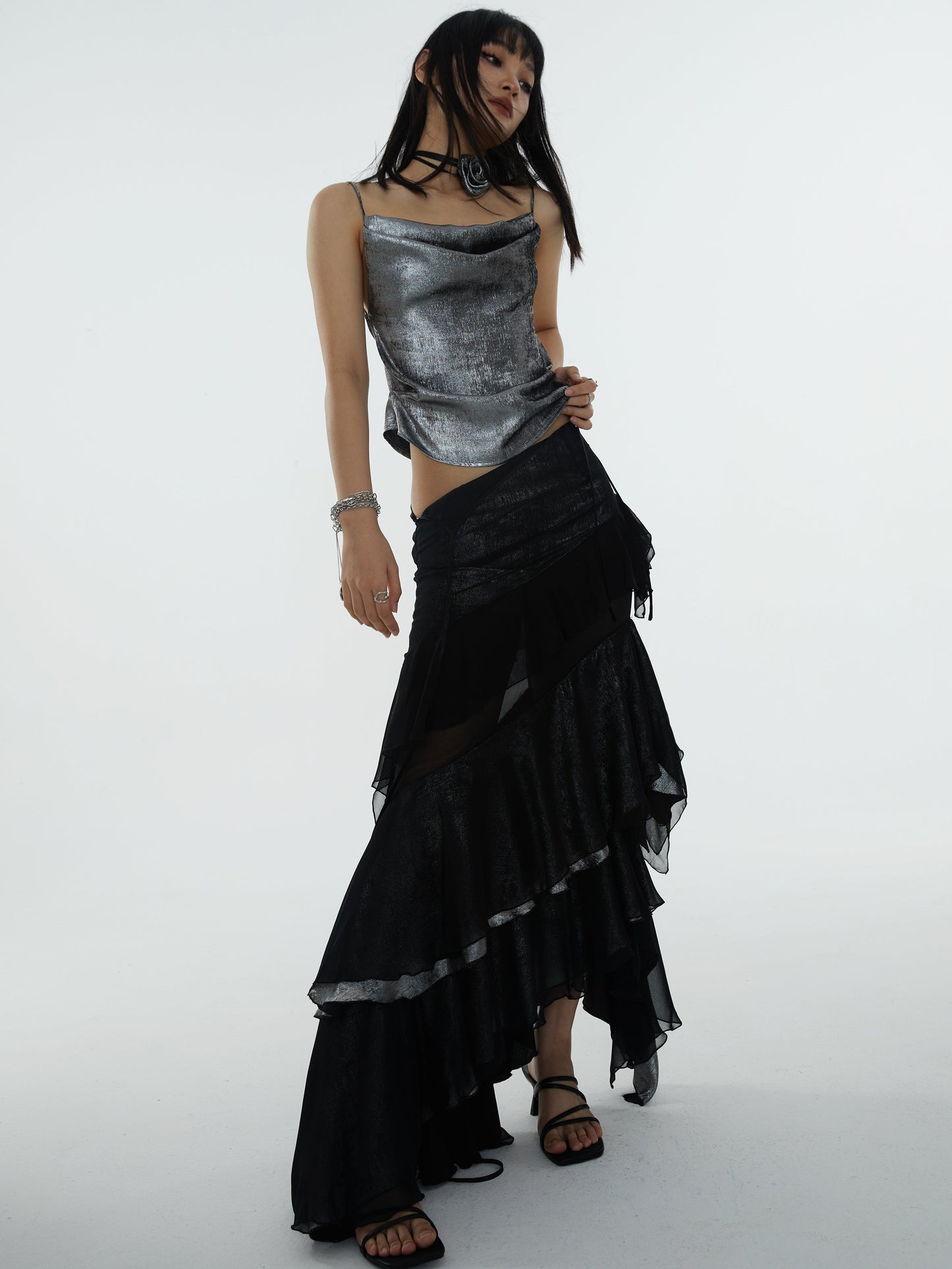 Black Ruffle Stitch Long Skirt