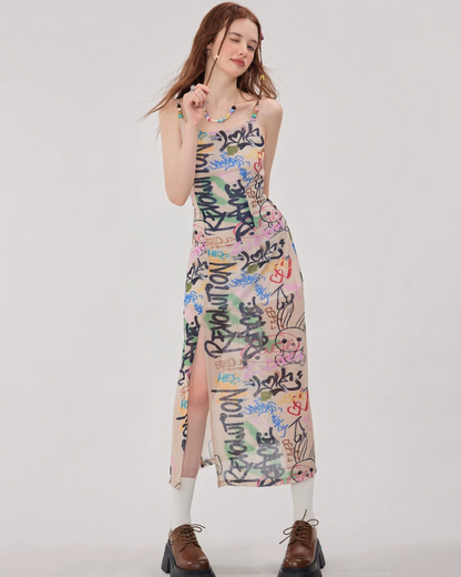 Doodle Design Long Strap Dress