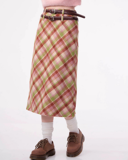 High Waist Plaid Wool Skirt