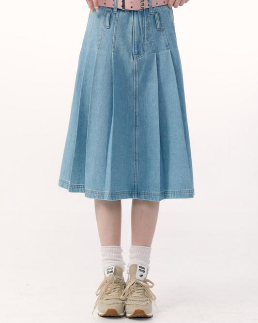 Pleated Denim Skirt