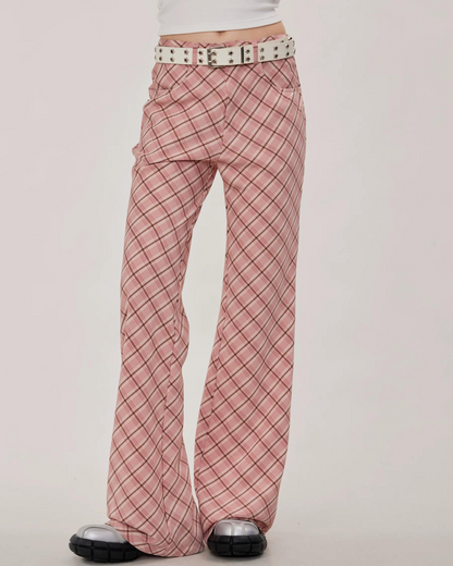 Retro Plaid Flared Straight Pants