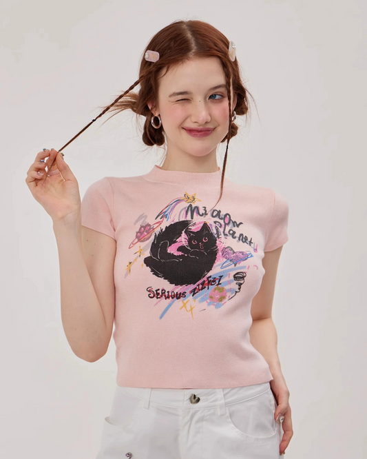 French Cat Mock Neck T-shirt