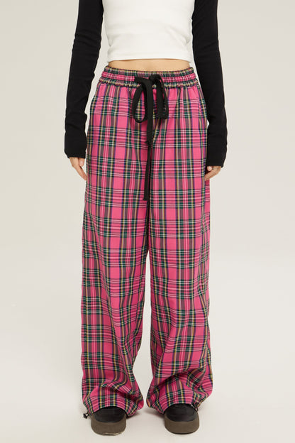 High Waist Loose Casual Check Pants