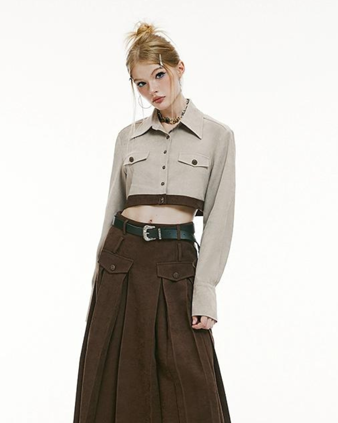 Short High Waisted Shirt＆Pleated Long Skirt