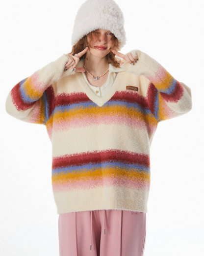 Stitching Rainbow stripes V-neck Sweater