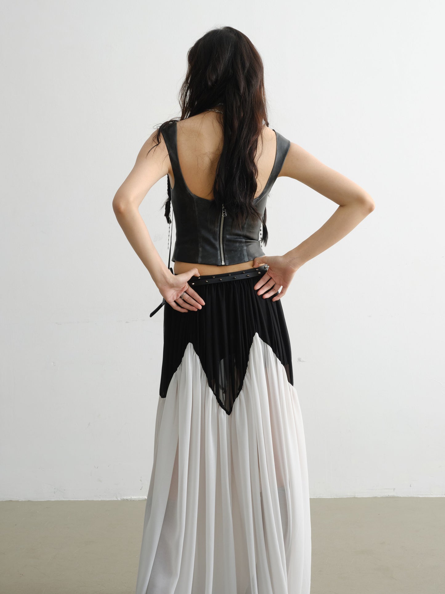 Contrast Stitching Rivet Decorative Belt Extra Long Chiffon Smocked Skirt