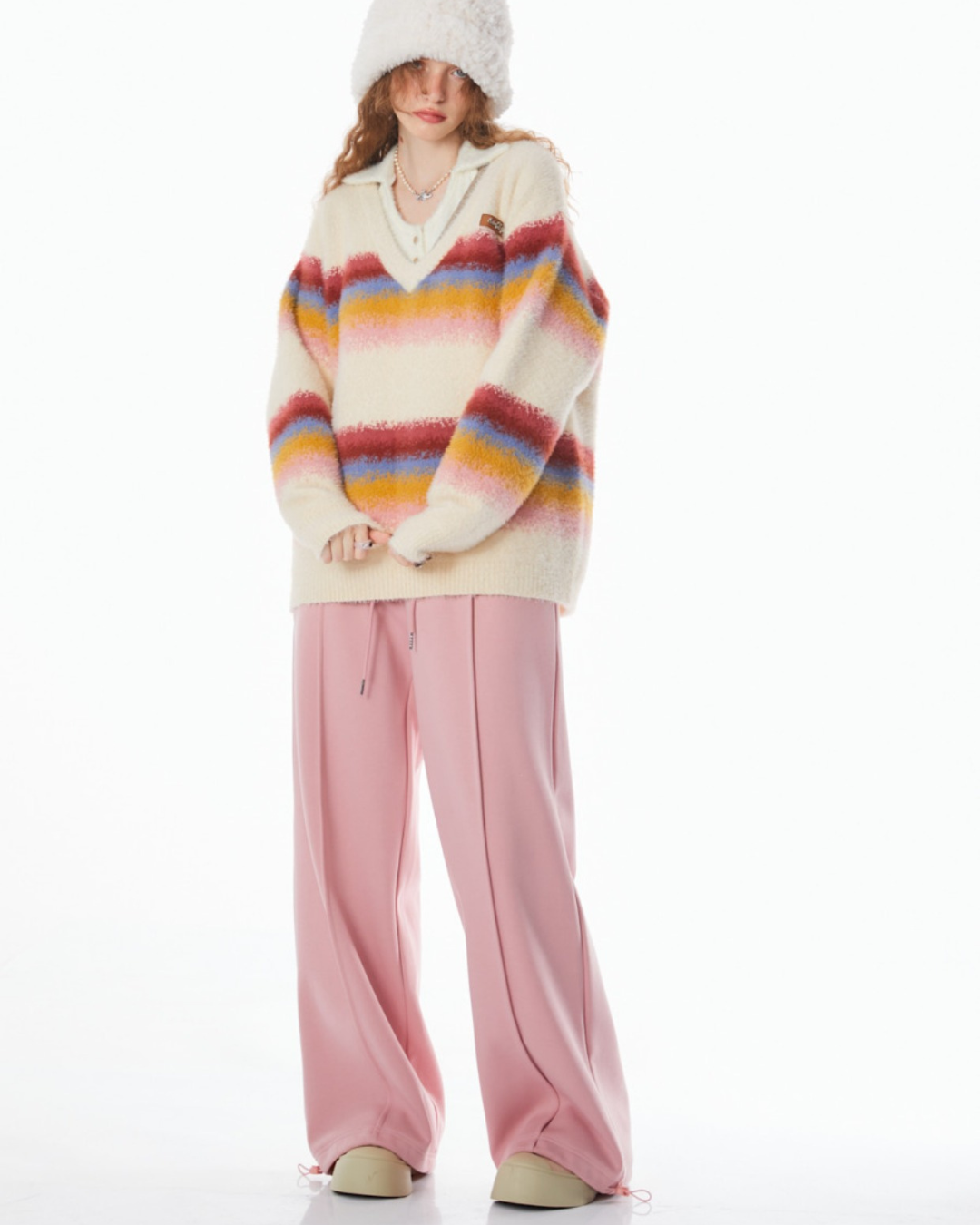 Stitching Rainbow stripes V-neck Sweater