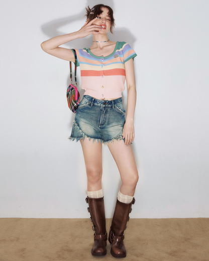 Colorful Border Knit Short Sleeve Cardigan