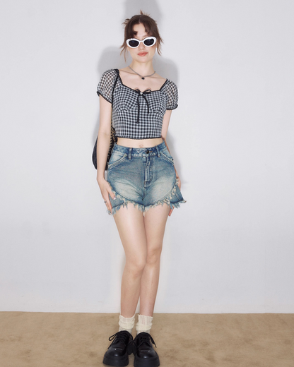 Cut Frill Denim Shorts