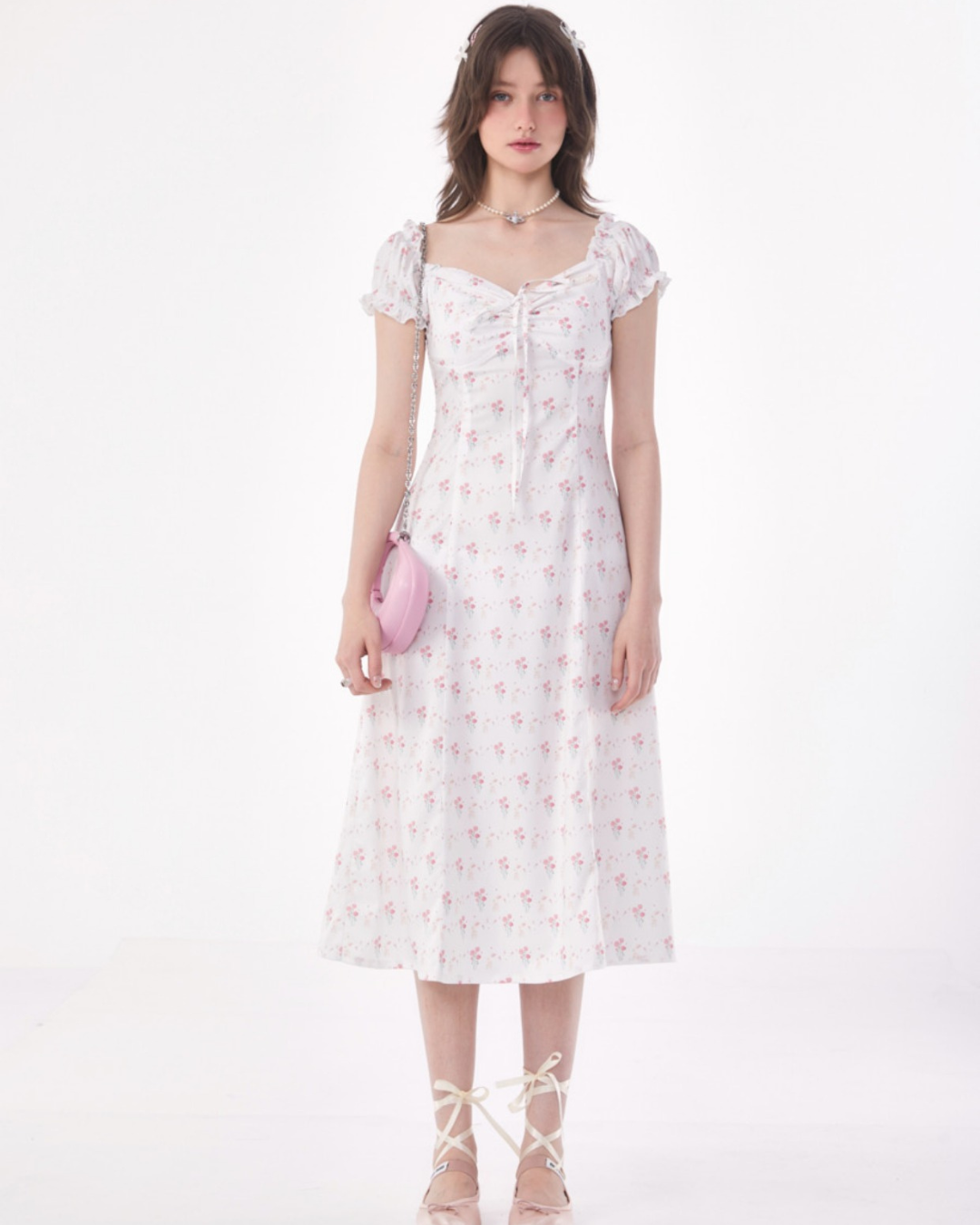 Rose Puff Sleeve Waist Slim Dress