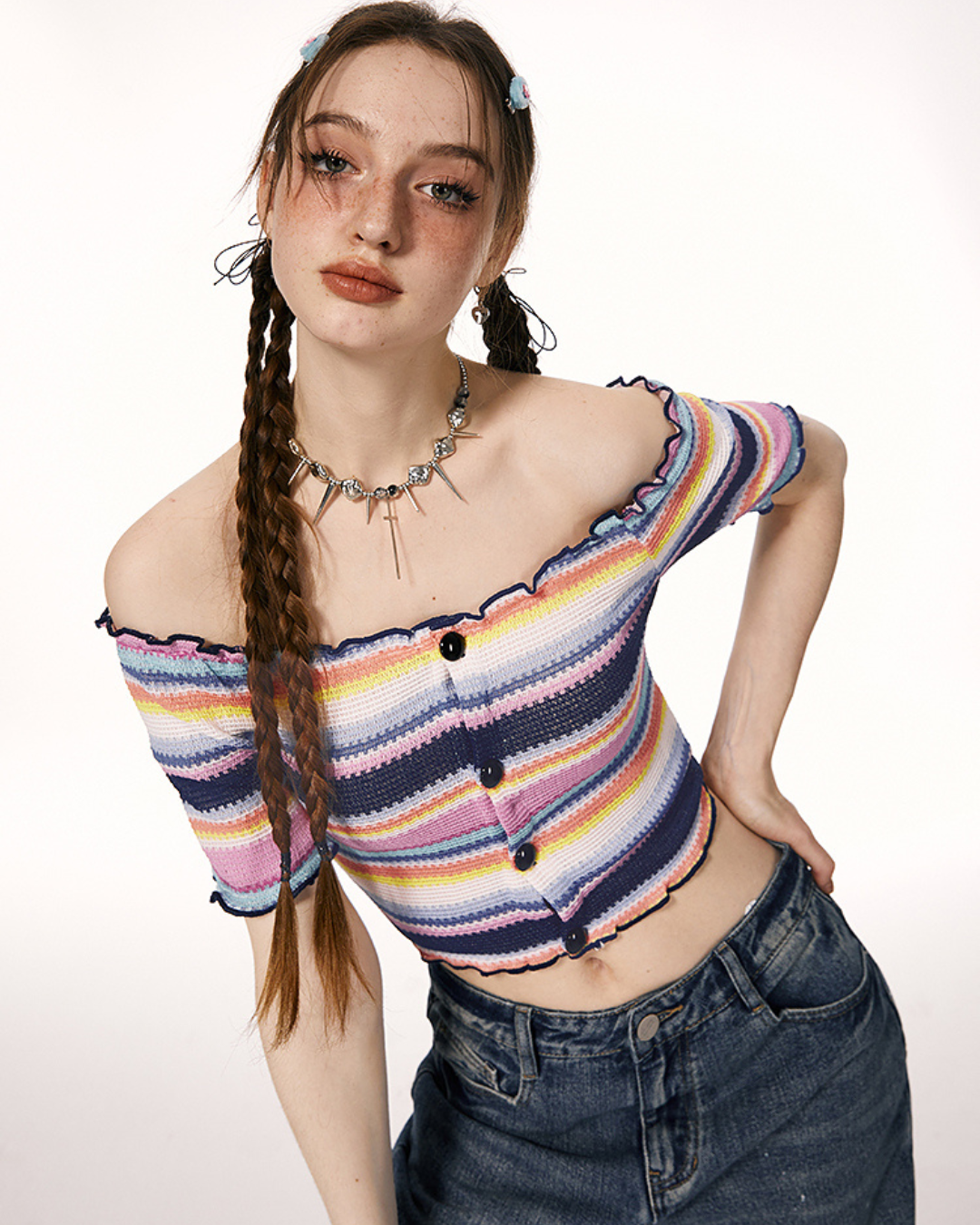 Off-Shoulder Color Stripe Tops