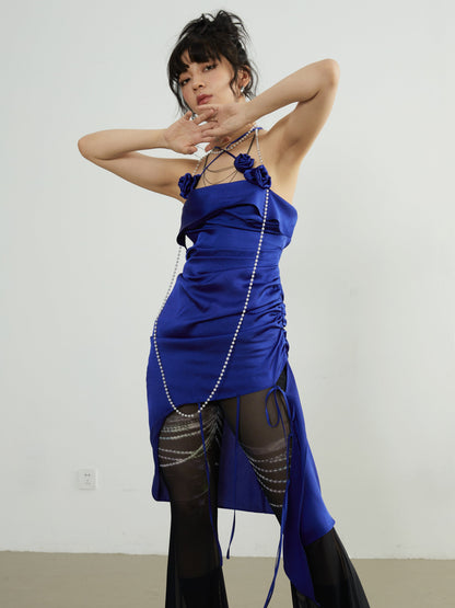 Rose Motif Straps Halter Neck Blue Dress Dress