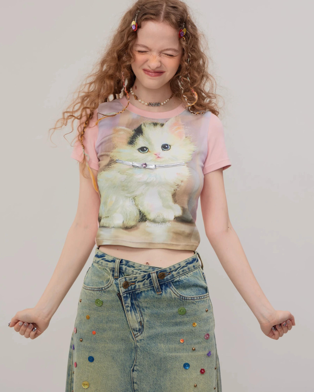 Retro Pink Cat Short Sleeve T-Shirt