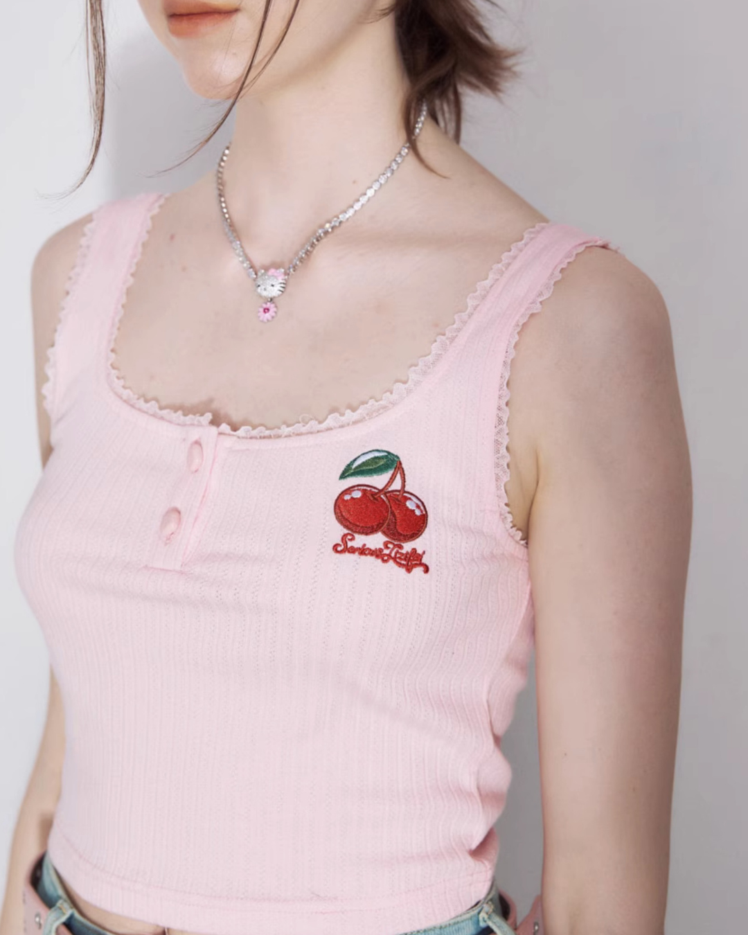 Cherry Lace Trim Tank Top